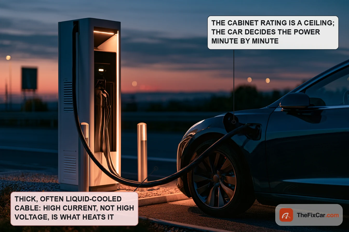 Electric car charging at a highway fast-charging station at dusk with a thick cable from a tall white cabinet