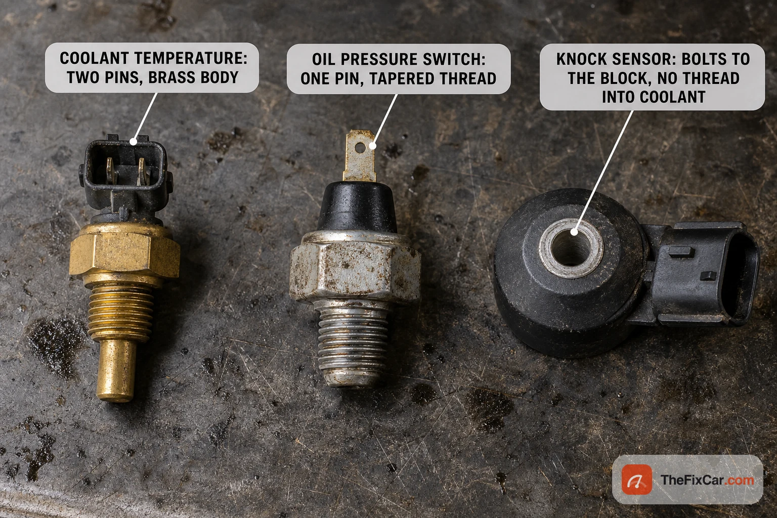 Coolant temperature sensor, oil pressure switch and knock sensor side by side showing different threads and connectors