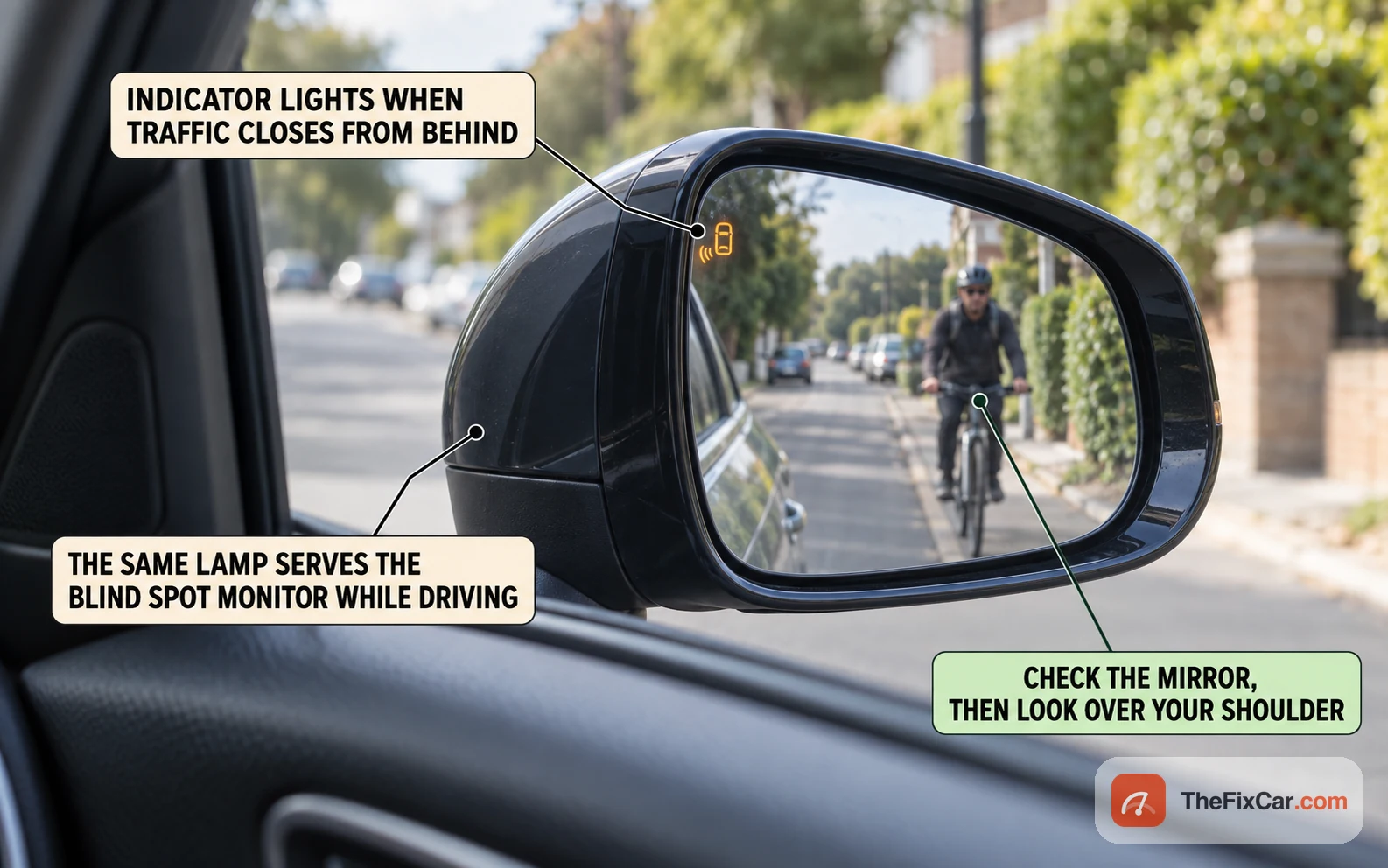 Door mirror seen from inside a parked car with the amber warning lamp lit and a cyclist approaching in the reflection