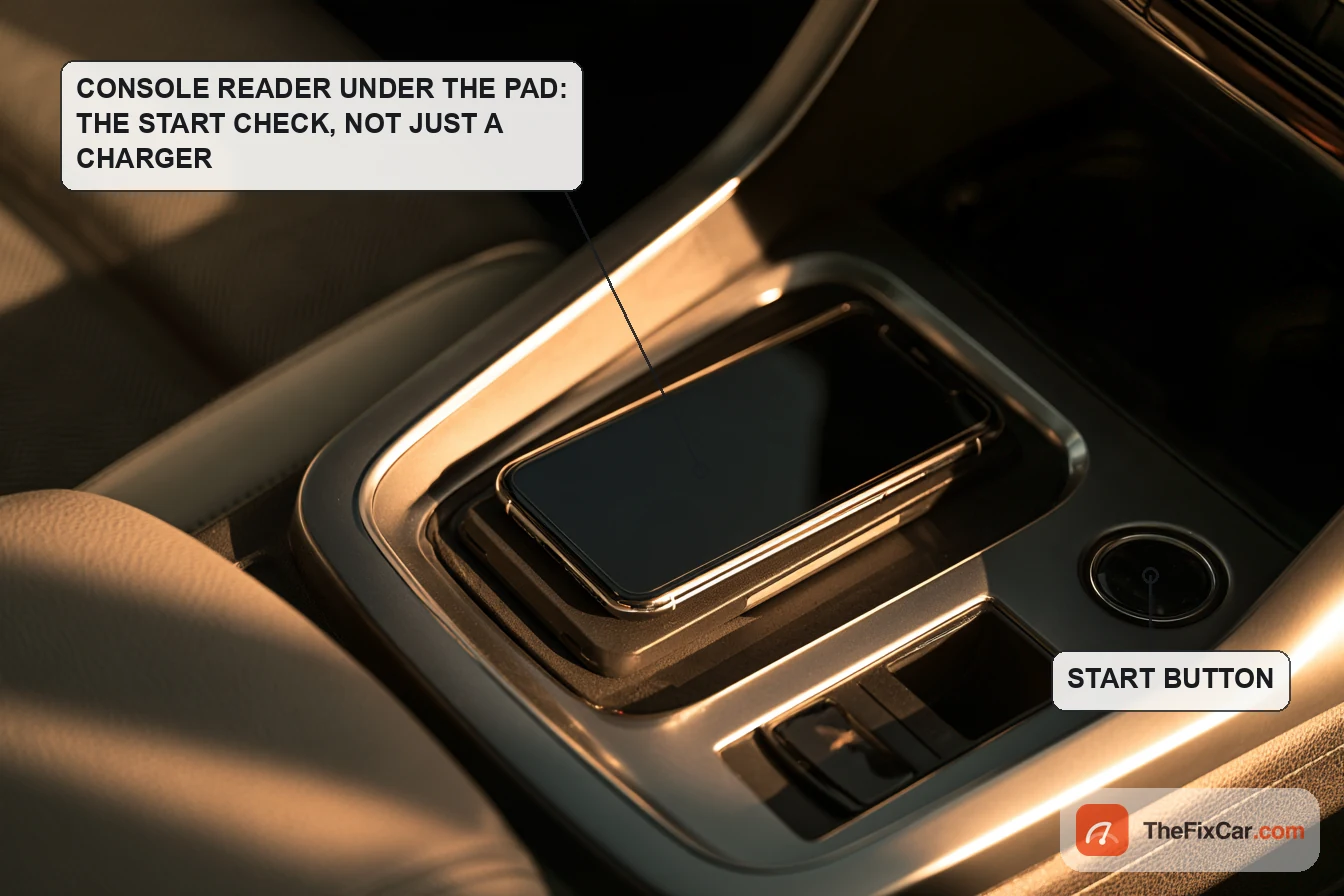 Smartphone lying on the wireless charging pad in a car centre console next to the engine start button, with callouts