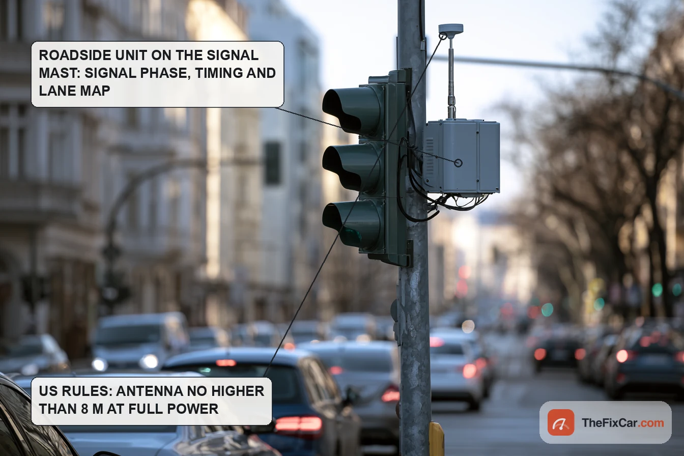 Traffic signal mast at a city intersection with a small roadside radio unit and antenna mounted on the pole
