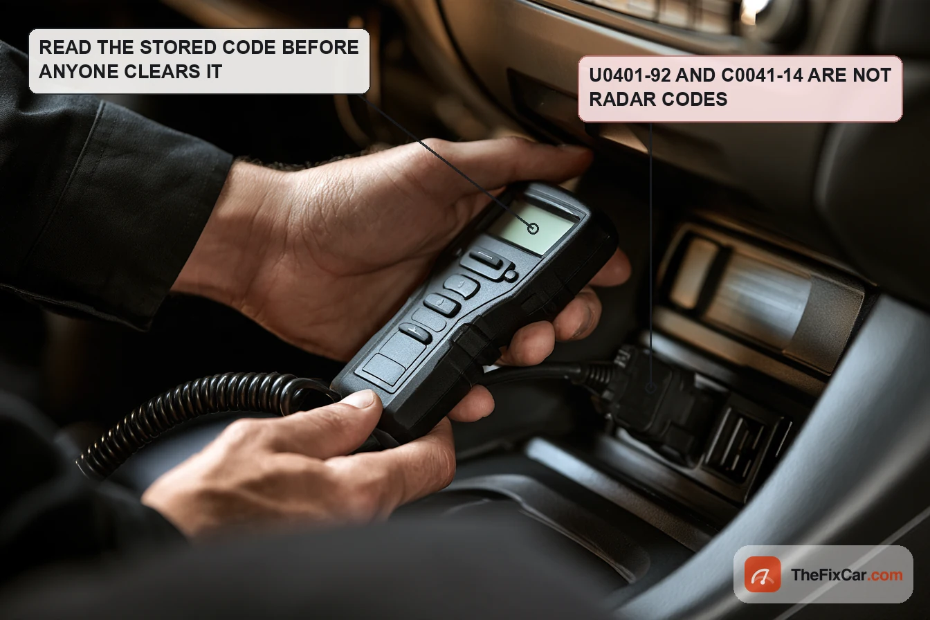 Technician holding a handheld code reader with a small screen on a coiled cable plugged in under the dashboard
