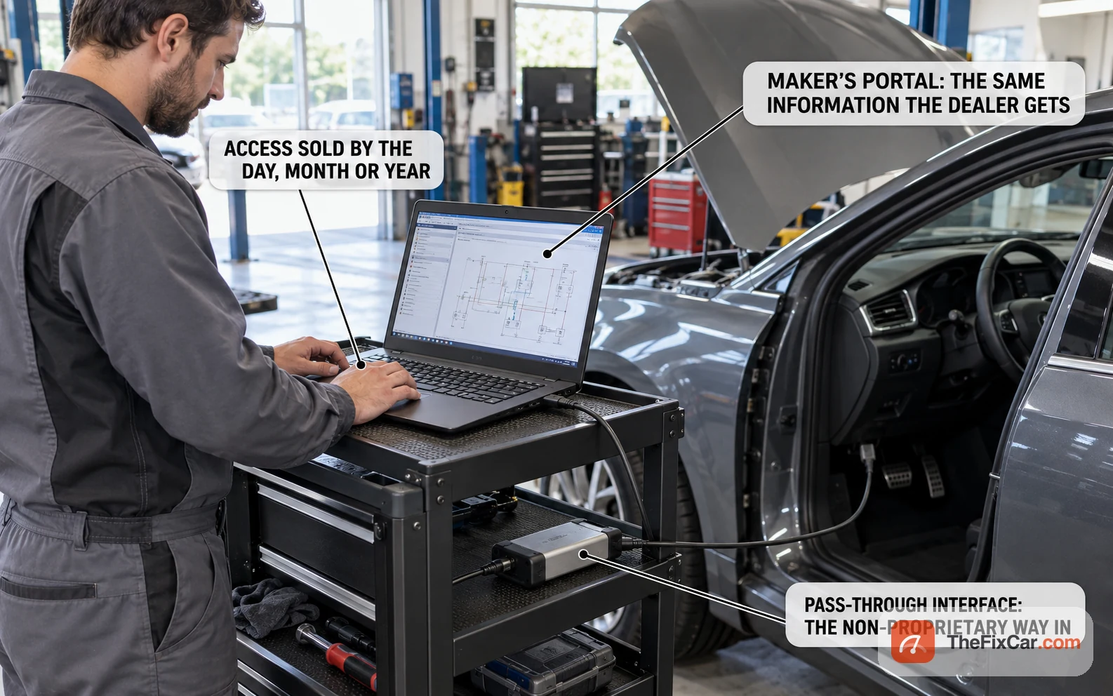 Technician in an independent workshop with a laptop connected to a car through a pass-through interface, manufacturer portal on screen