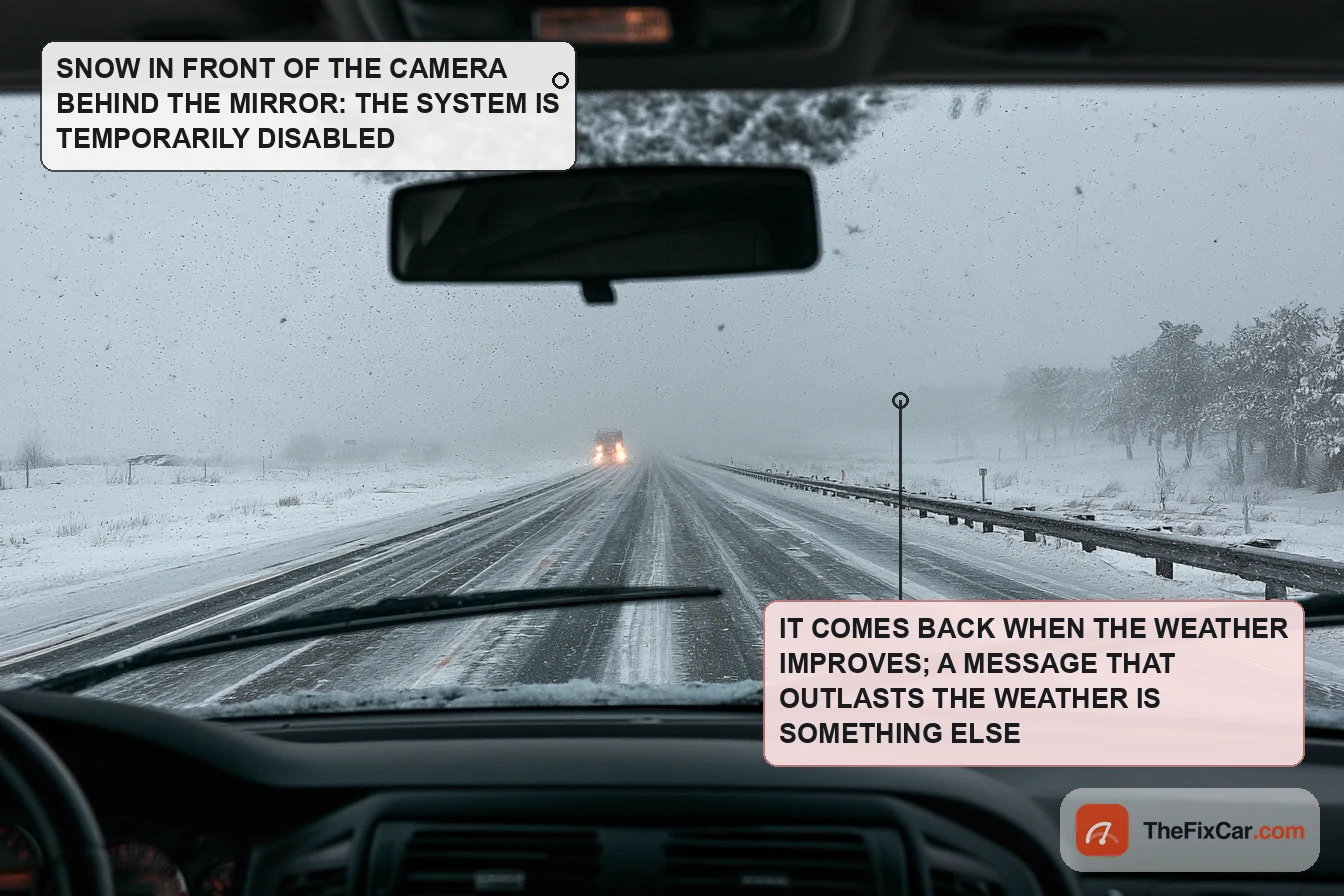 Driver's view from a pickup truck on a highway in a heavy snowstorm with wipers mid-sweep and snow smeared near the top of the windshield