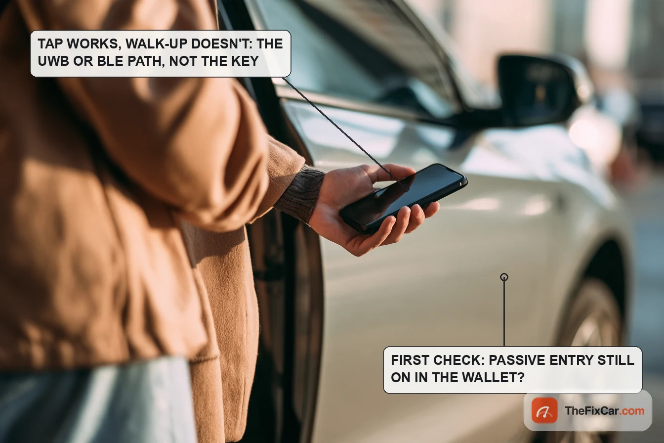 Person standing at the closed driver door of a white car holding a smartphone toward the handle, with callouts