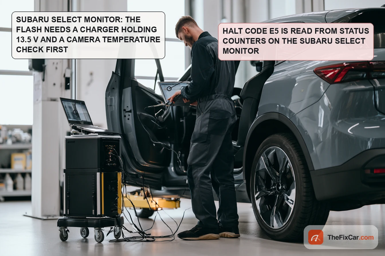 Technician at the open driver's door of a grey crossover in a service bay, looking at a laptop diagnostic system on a cart