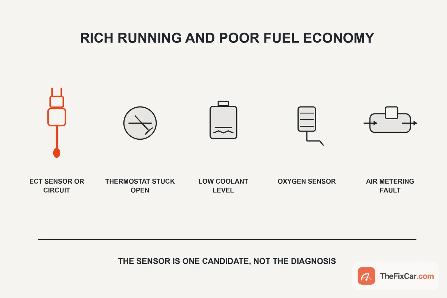 Five candidate causes for rich running and poor fuel economy, with the coolant temperature sensor highlighted as one of them