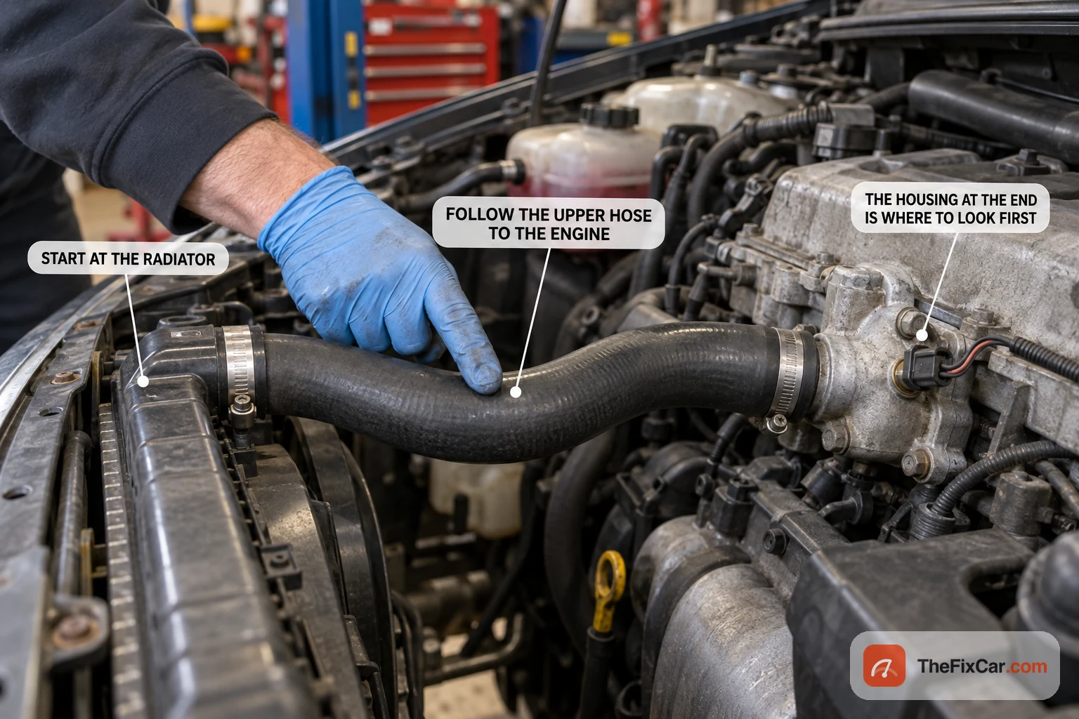 Gloved hand tracing the upper radiator hose from the radiator back to the housing on the engine