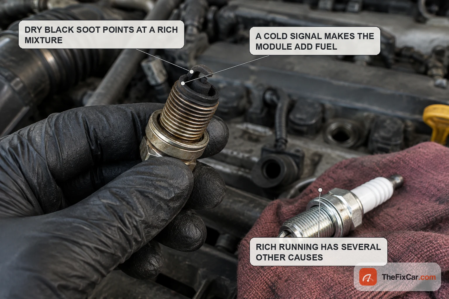Sooty black spark plug removed from a rich running engine beside a clean plug for comparison