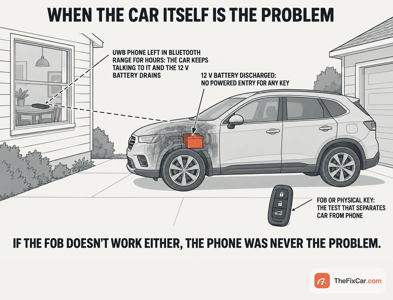 Drawing of a parked car with its 12 volt battery highlighted in orange, a phone on a table inside the house window within Bluetooth range, and a key fob beside the car