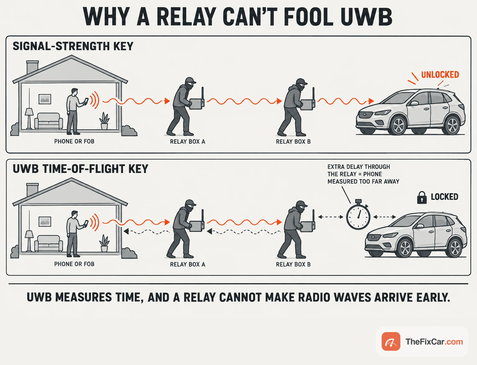 Drawing in two panels comparing a relay attack on a signal-strength key that unlocks the car with a UWB time-of-flight key that stays locked because the relay adds delay
