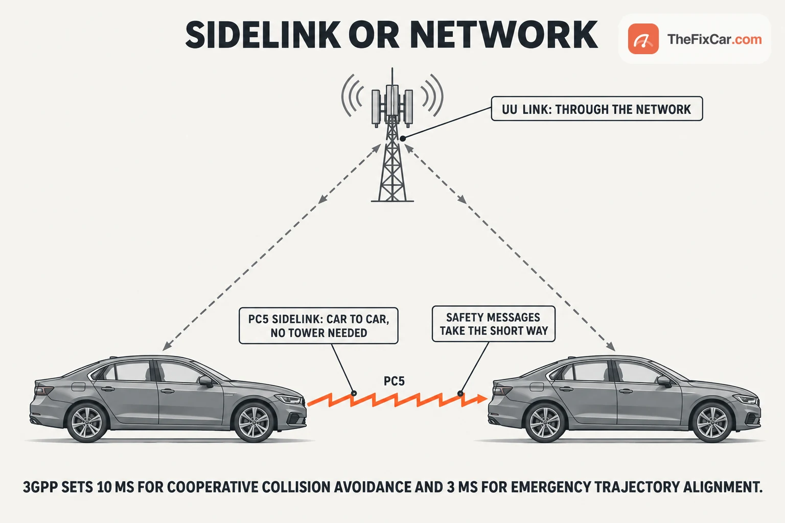 Two cars side by side linked directly by an orange PC5 sidelink, with a dashed path through a cellular mast above