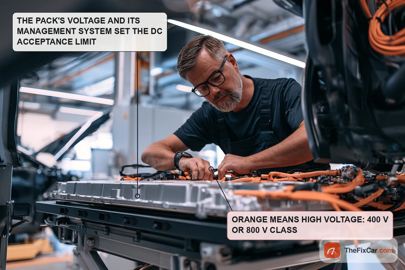 Technician in a workshop working on a flat electric vehicle battery pack removed from the car, with orange high-voltage cables
