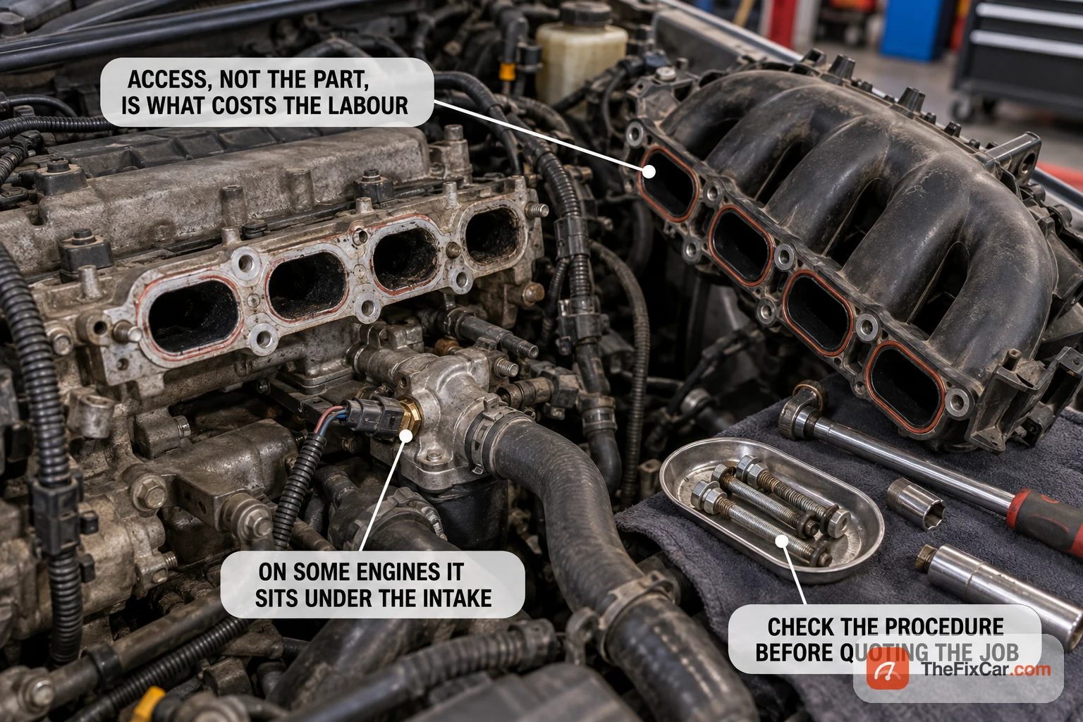 Engine with the intake manifold removed, exposing a coolant temperature sensor that was hidden underneath