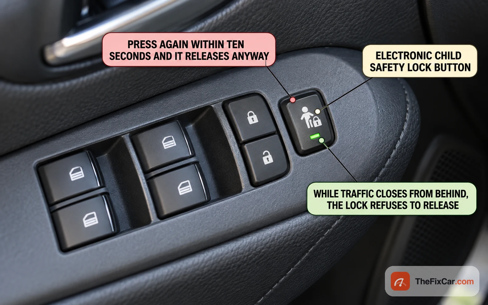 Driver door switch panel with the electronic child safety lock button and its lit indicator