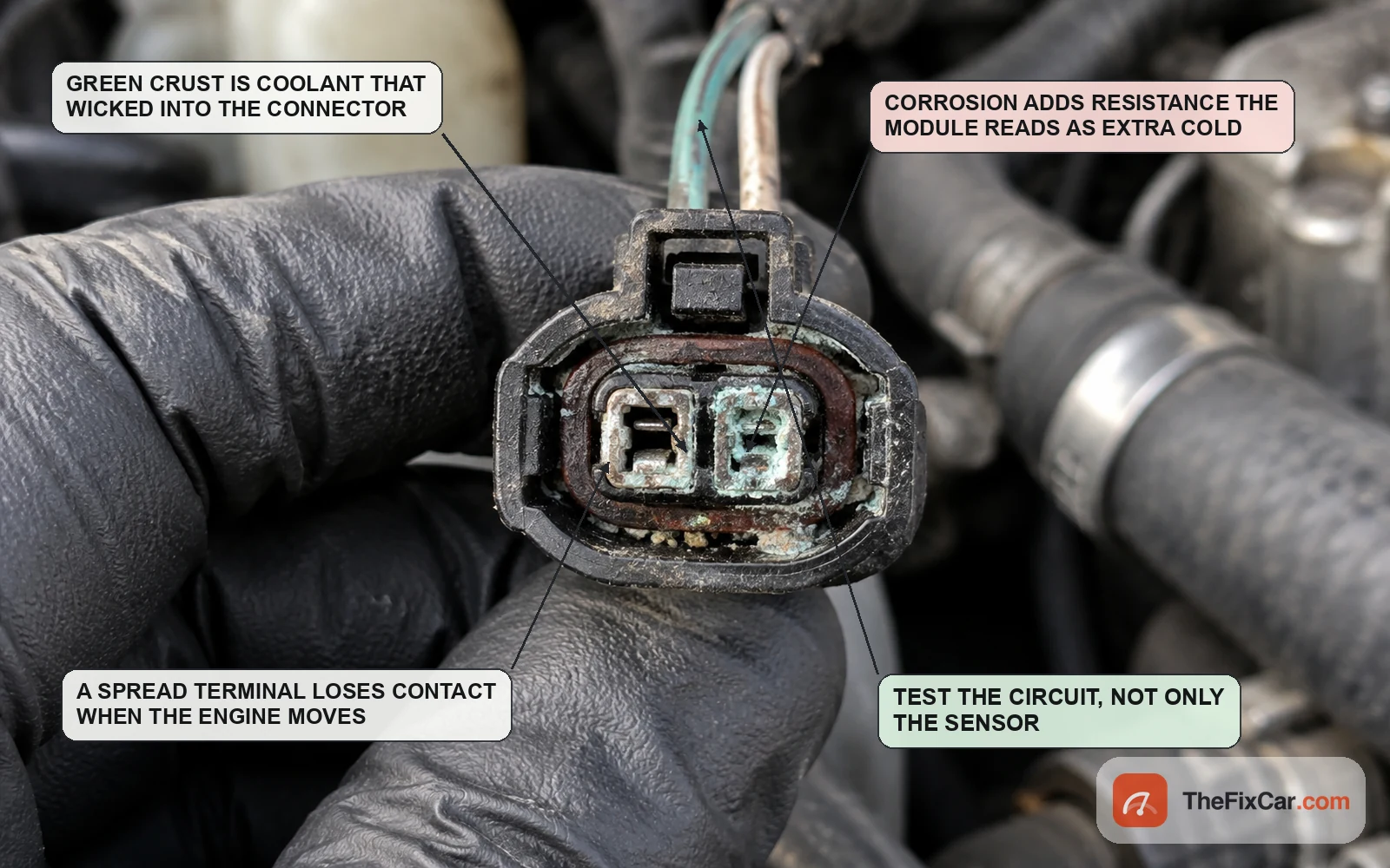 Corroded two pin coolant temperature sensor connector with green crust on the terminals