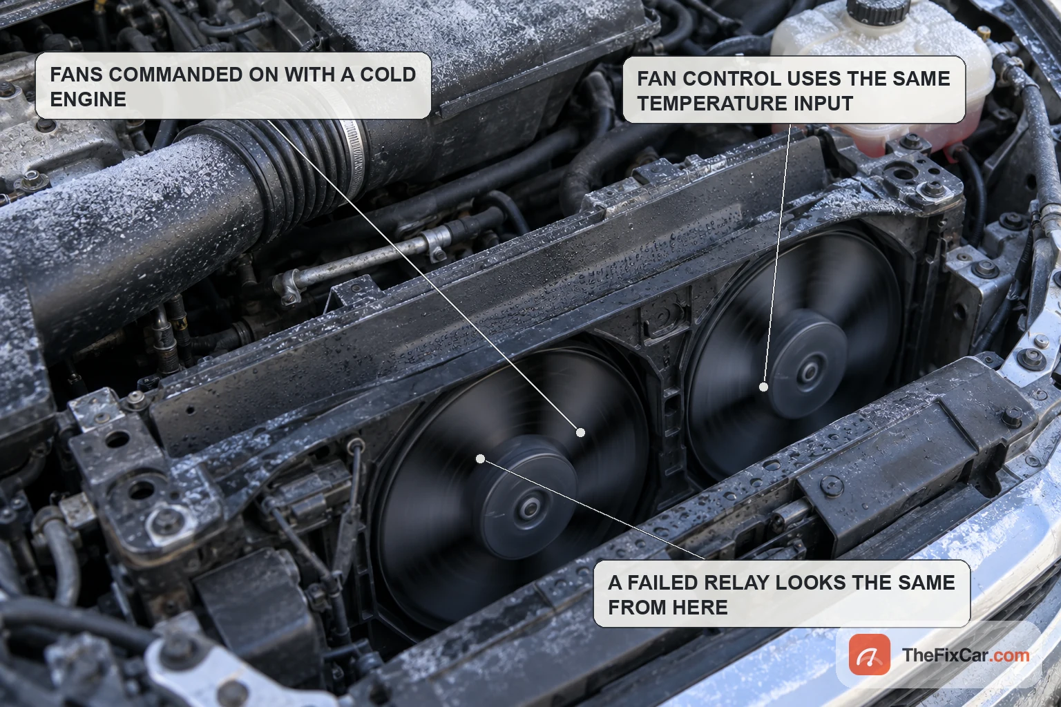Engine bay with the electric cooling fans running while the engine is still cold