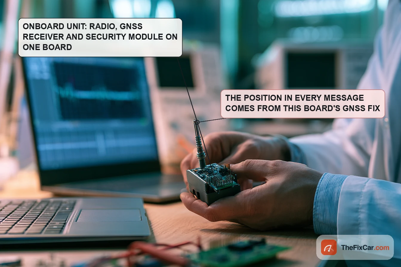 Engineer's hands holding a small telematics module with an antenna connector, laptop and oscilloscope behind