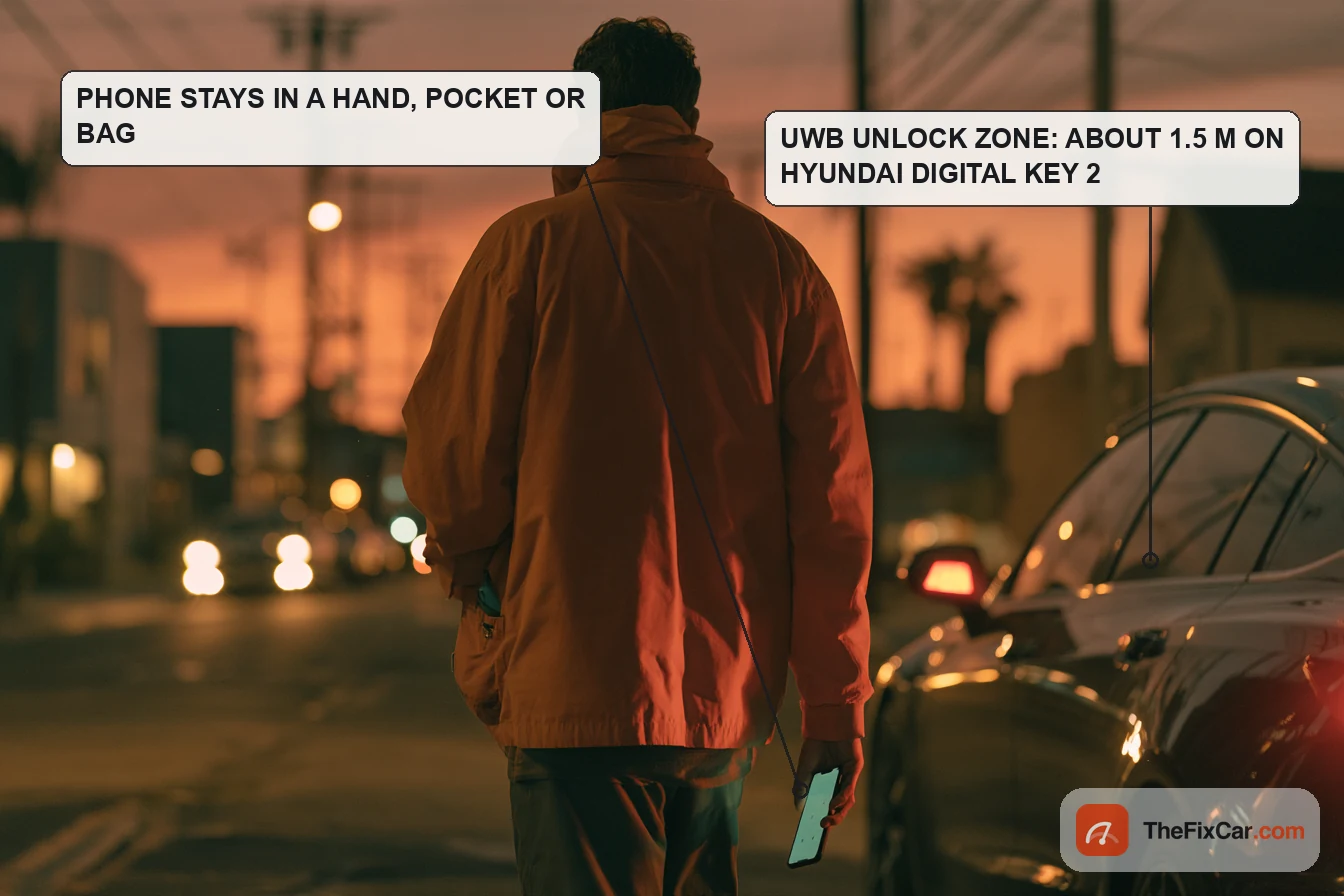 Person walking toward a parked car at dusk with a phone in hand, illustrating passive entry, with callouts