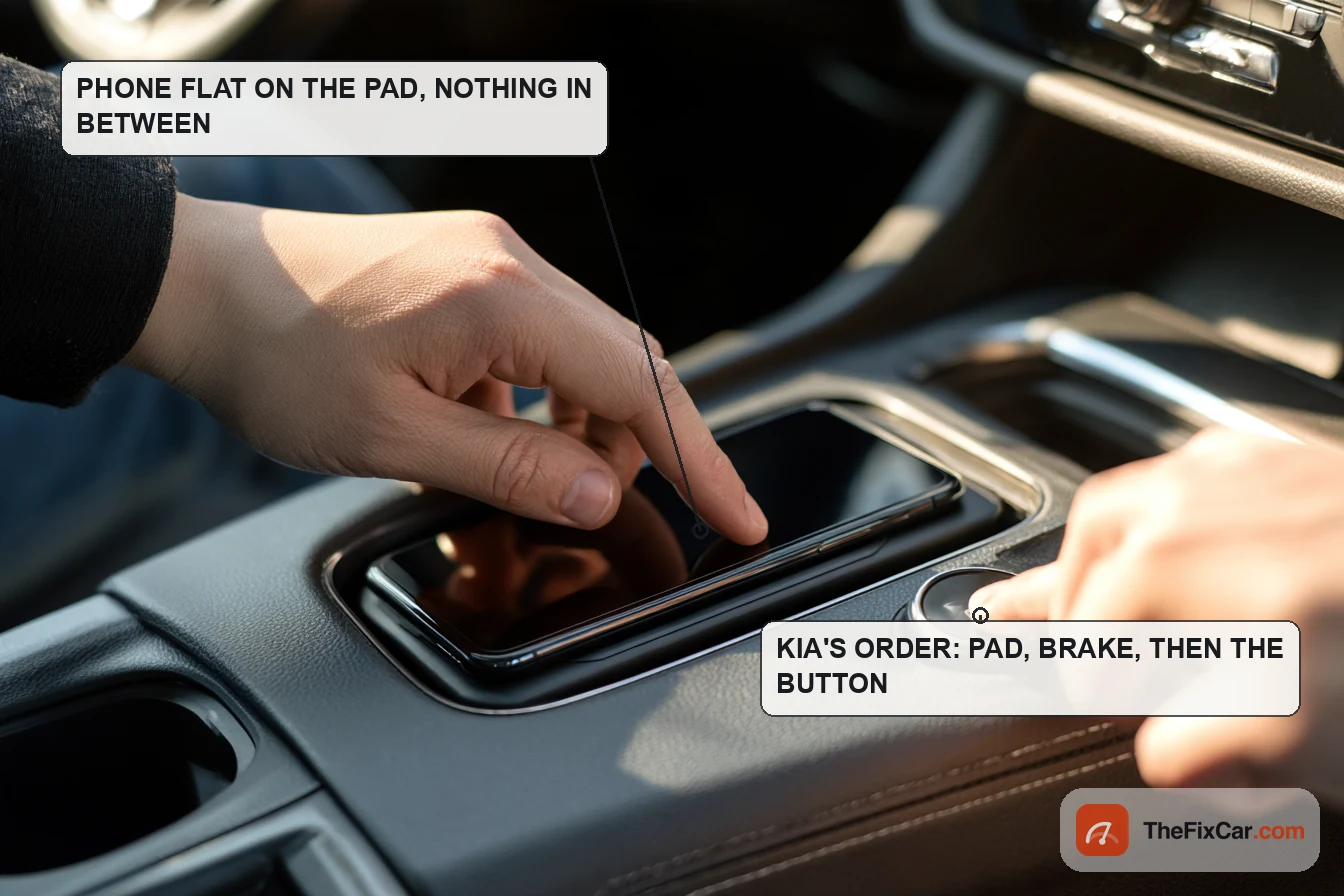 Hand placing a smartphone flat on the wireless charging pad in a car console while the other hand presses the engine start button, with callouts