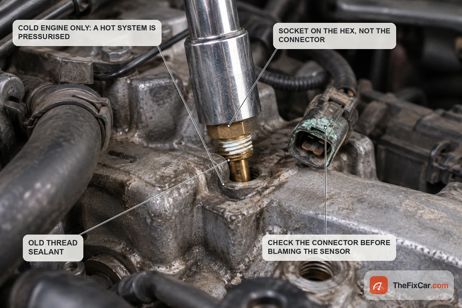 Coolant temperature sensor being unscrewed from a cylinder head with a deep socket, old thread sealant on the threads and a corroded connector alongside
