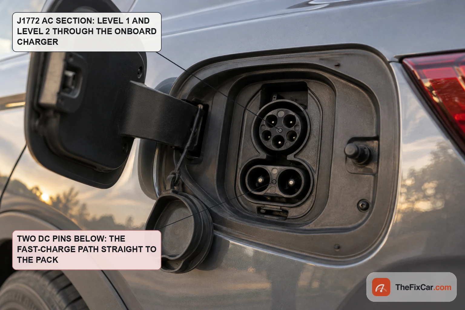 Close-up of an open charge-port door on a grey electric car showing a CCS Combo 1 inlet with the round AC section above and two large DC pins below