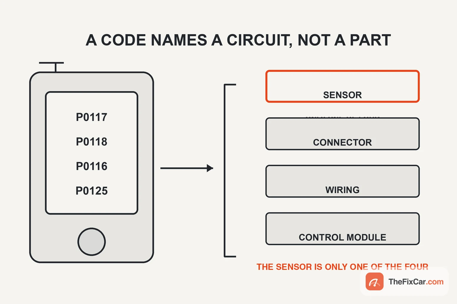 Diagram showing coolant temperature codes P0117, P0118, P0116 and P0125 opening onto four candidates: sensor, connector, wiring and control module