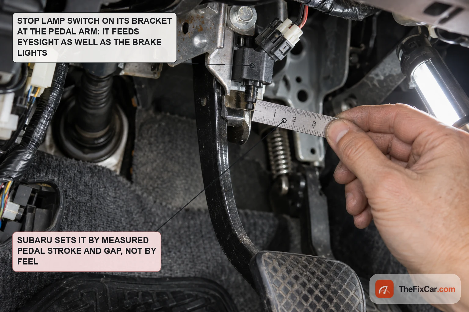 Driver footwell with the lower trim removed, showing the stop lamp switch on its bracket against the brake pedal arm and a hand measuring the gap with a small ruler