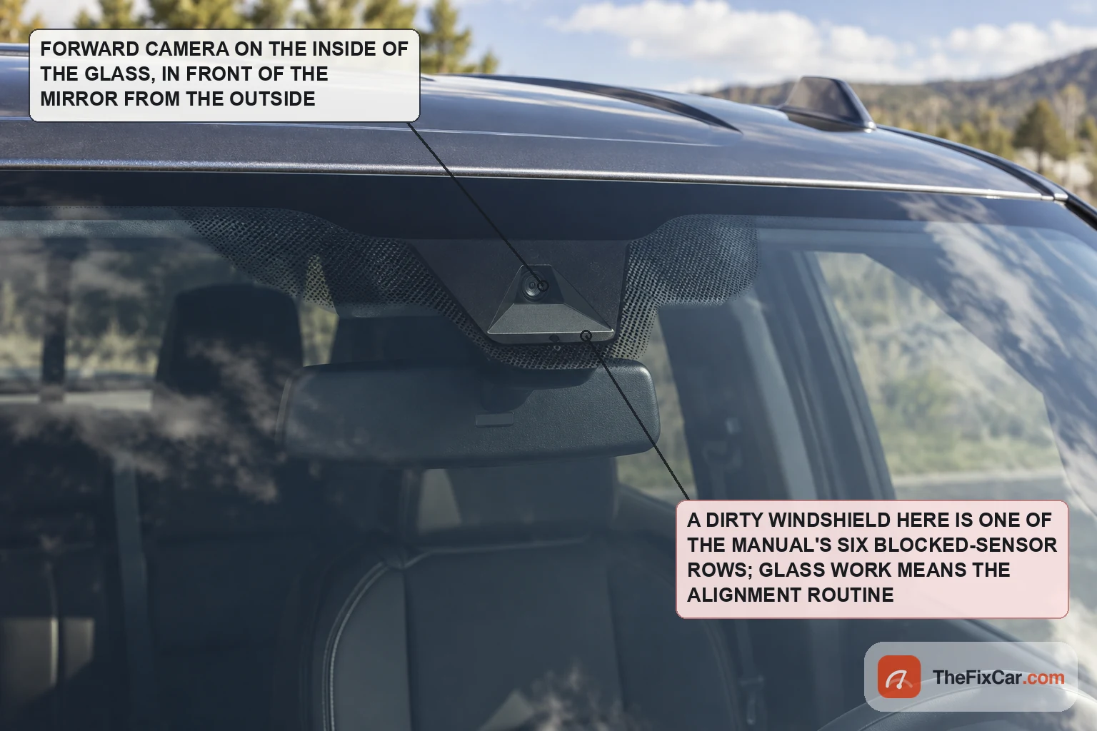 Forward-facing camera module on the inside of a pickup truck windshield at the top centre, lens facing out, with the rearview mirror behind it