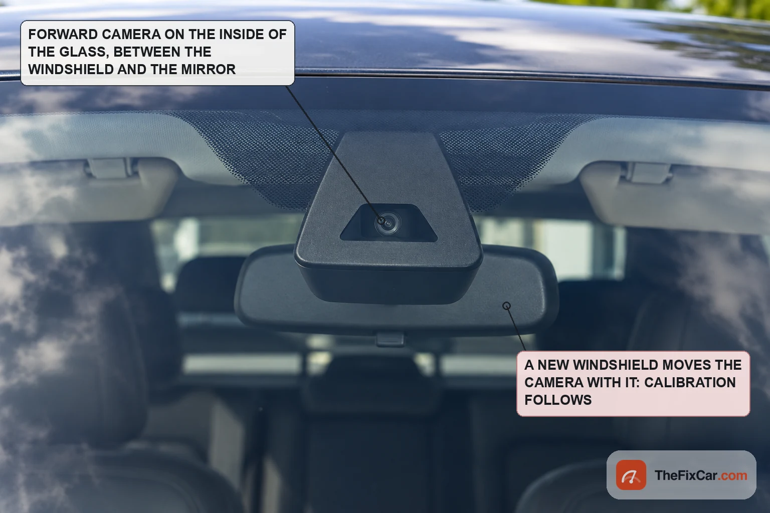 Forward-facing camera module mounted at the top of a windshield behind the rearview mirror, seen through the glass