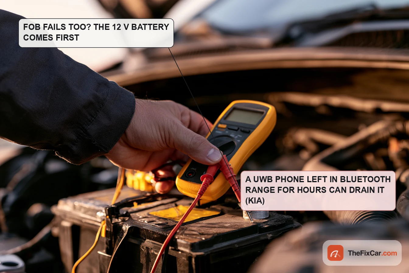 Technician holding a yellow multimeter with a probe on a terminal of a 12 volt car battery under an open hood, with callouts