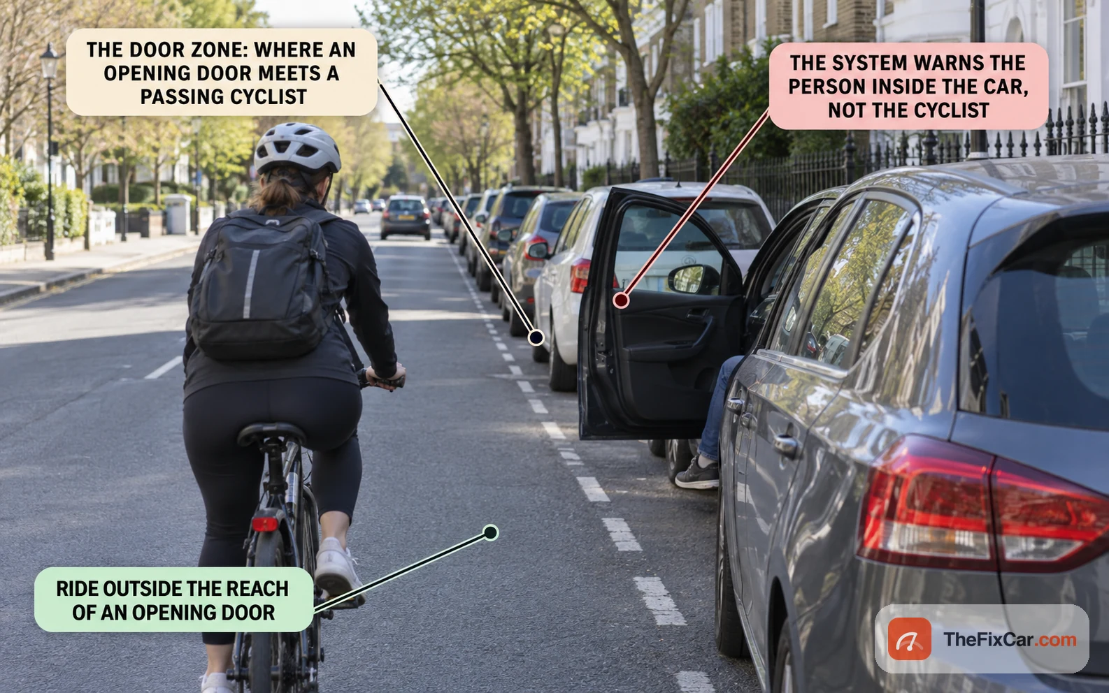 Cyclist riding along a row of parked cars toward a driver door opening into the lane