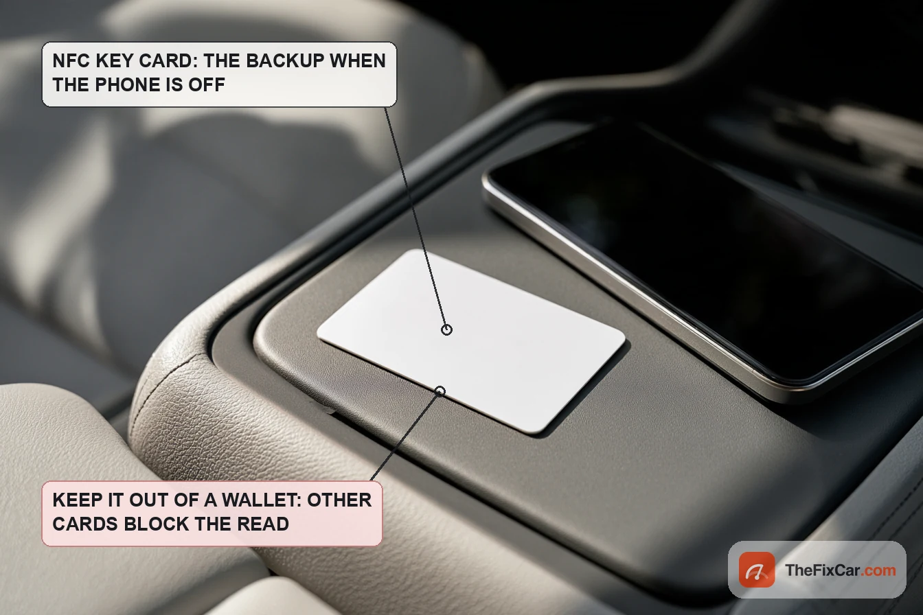 White NFC key card lying on a car centre console beside a smartphone, with callouts