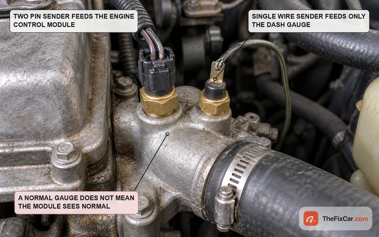 Two temperature senders in one coolant housing, a two pin sender and a single wire gauge sender