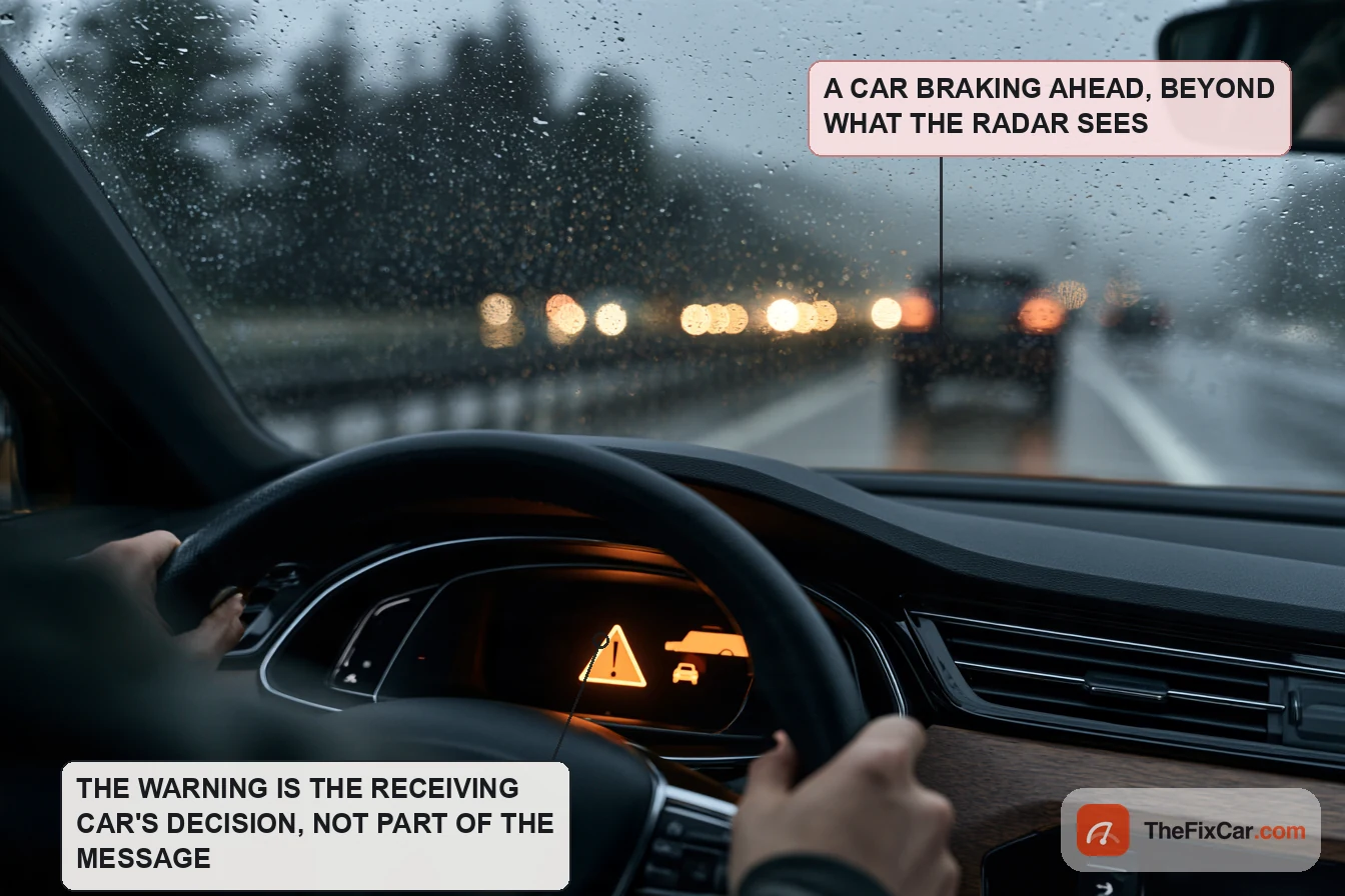 Driver's view on a rainy highway with an amber hazard warning icon and a car symbol on the instrument cluster