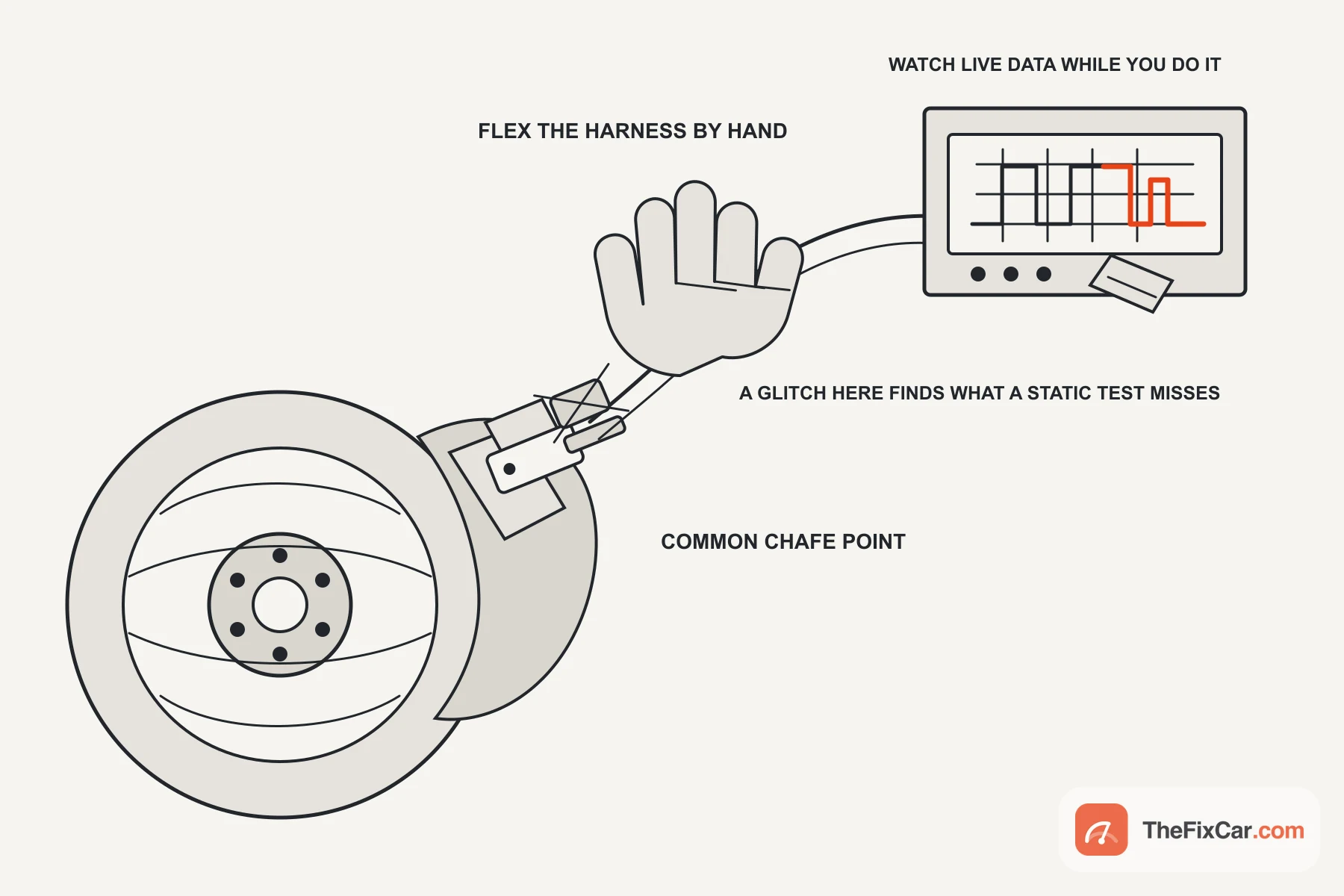 Diagram of a hand flexing a wheel speed sensor harness while an oscilloscope panel shows a glitched pulse
