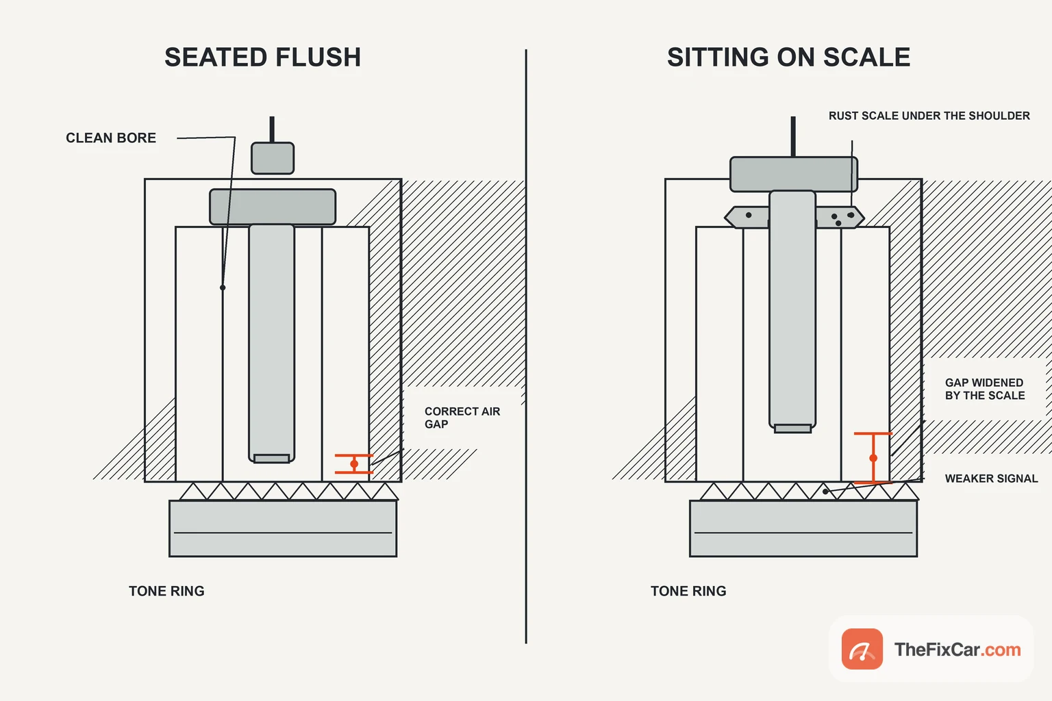 Cross-sections comparing a sensor seated flush in a clean bore against one held out by rust scale, with the wider air gap marked