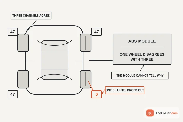 Diagram of a car from above with three wheels reading the same speed and one reading zero, feeding an ABS module