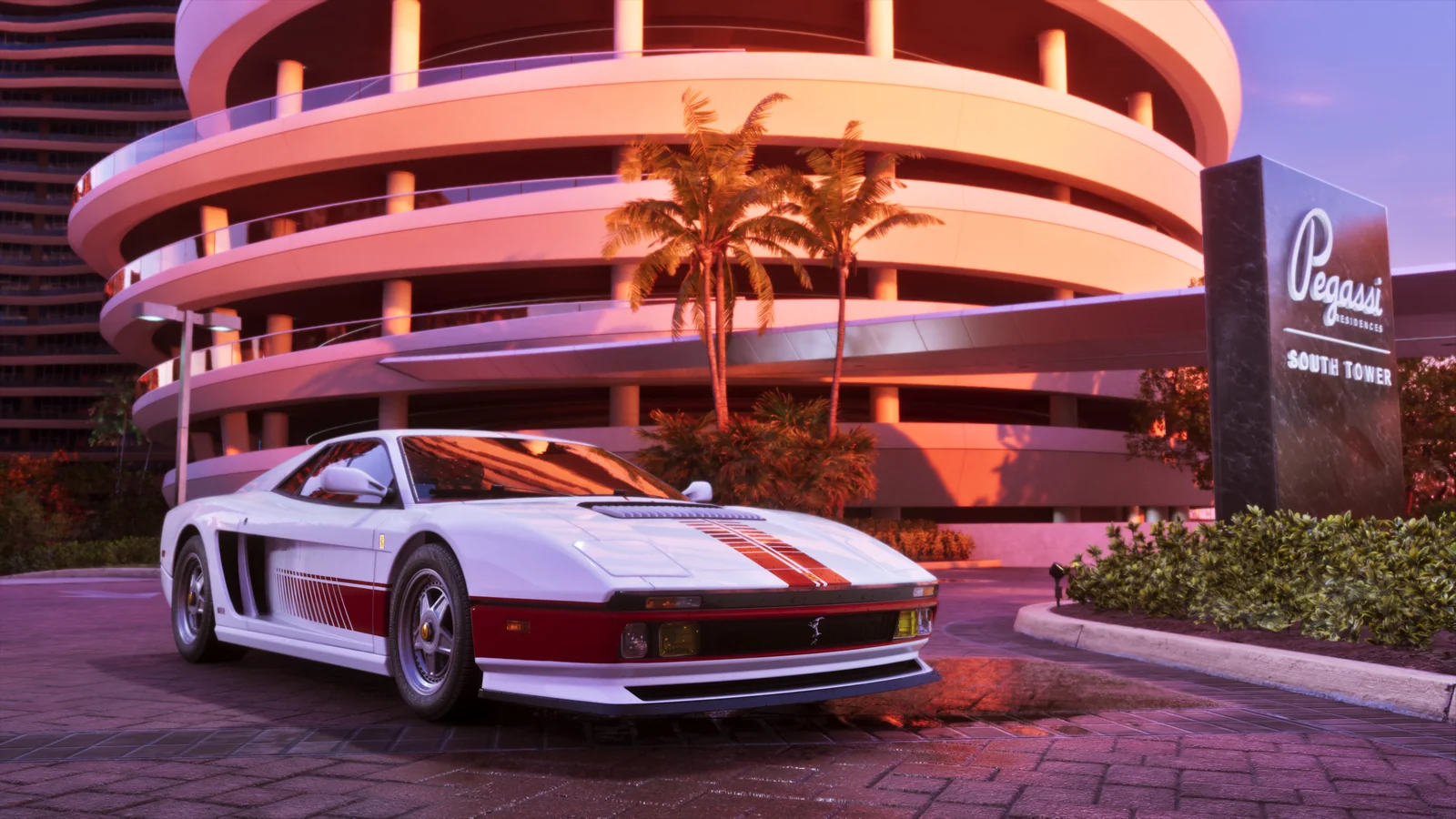 The 95 Grotti Cheetah parked outside a curved Vice City building