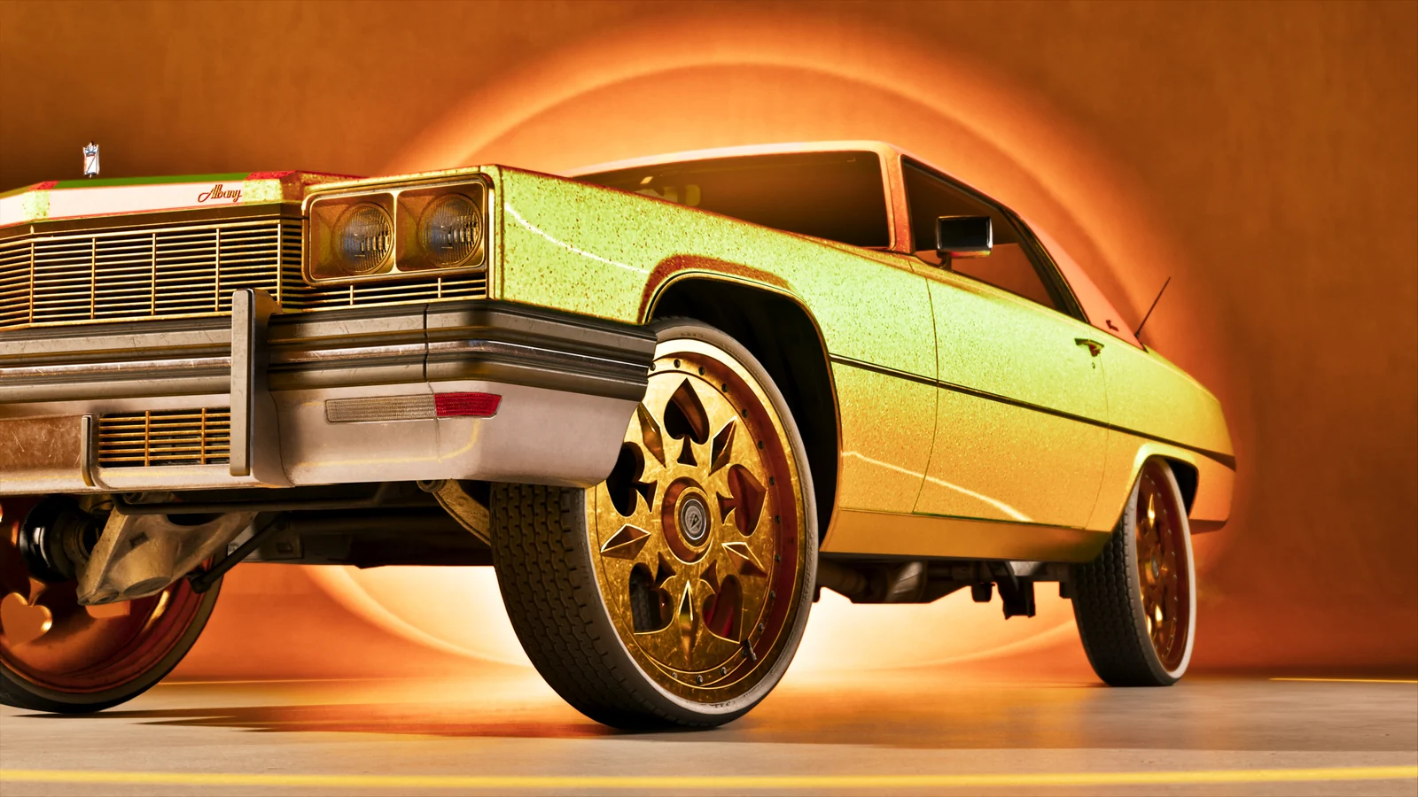 An Albany donk on very large gold wheels at Rideout Customs