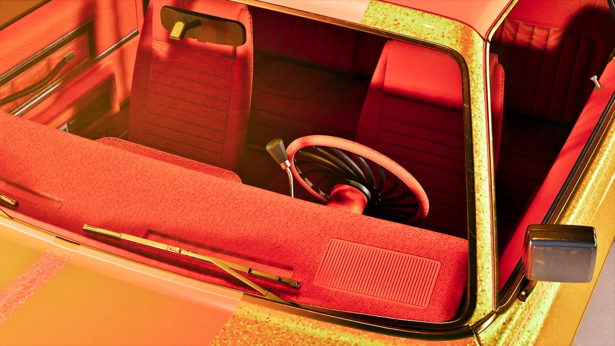 Bright red custom interior photographed at Rideout Customs