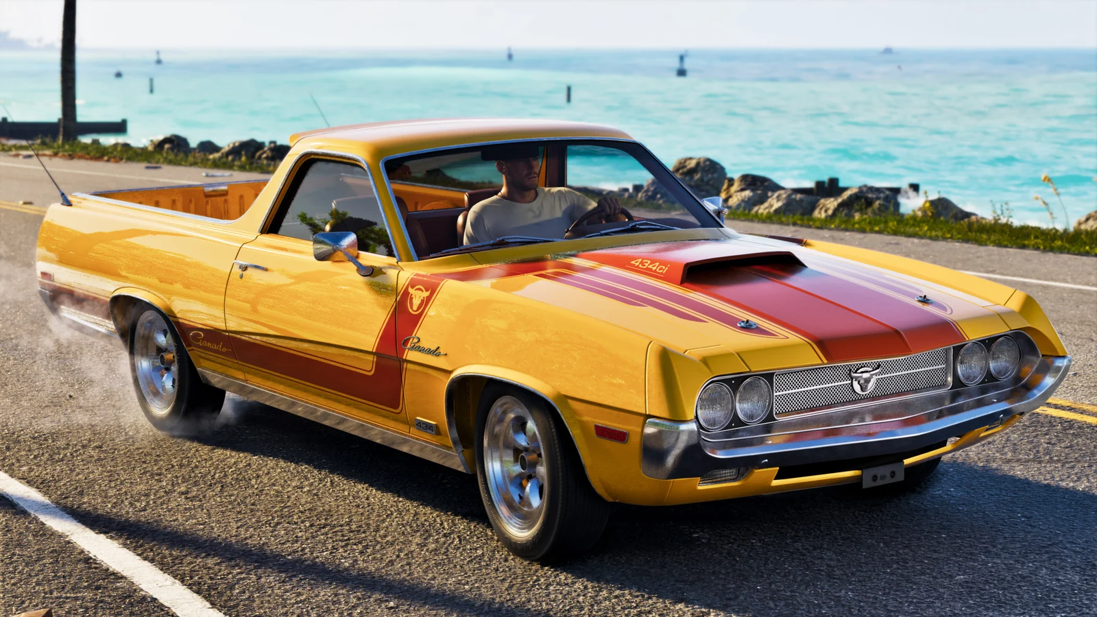 The Ganado Retro Build coupe utility driving on a coastal road