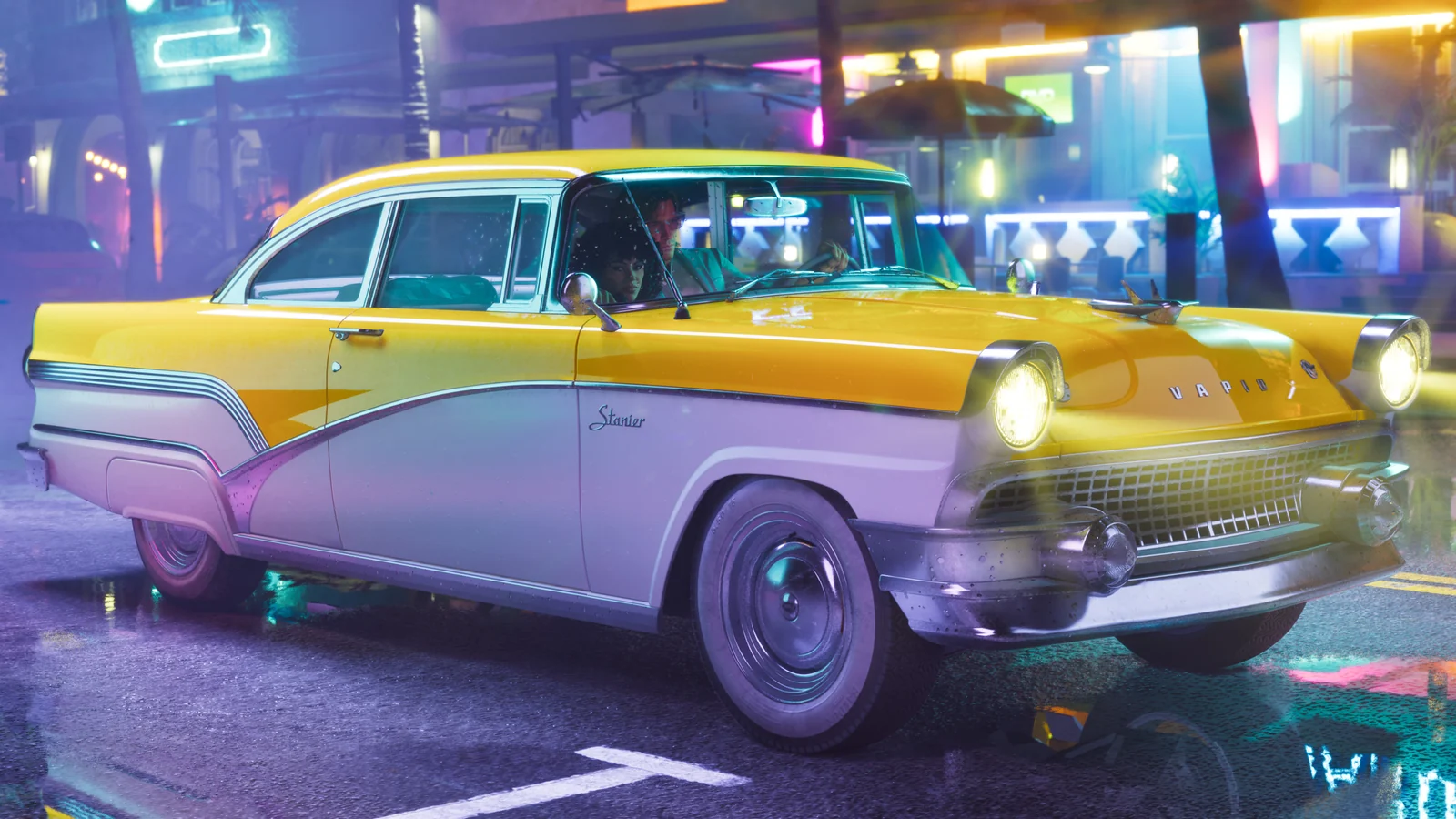 The 55 Vapid Stanier on a neon-lit Vice City street