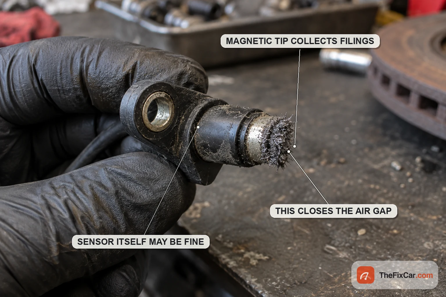 A wheel speed sensor held in a gloved hand with a dense mat of metal filings clinging to its magnetic tip