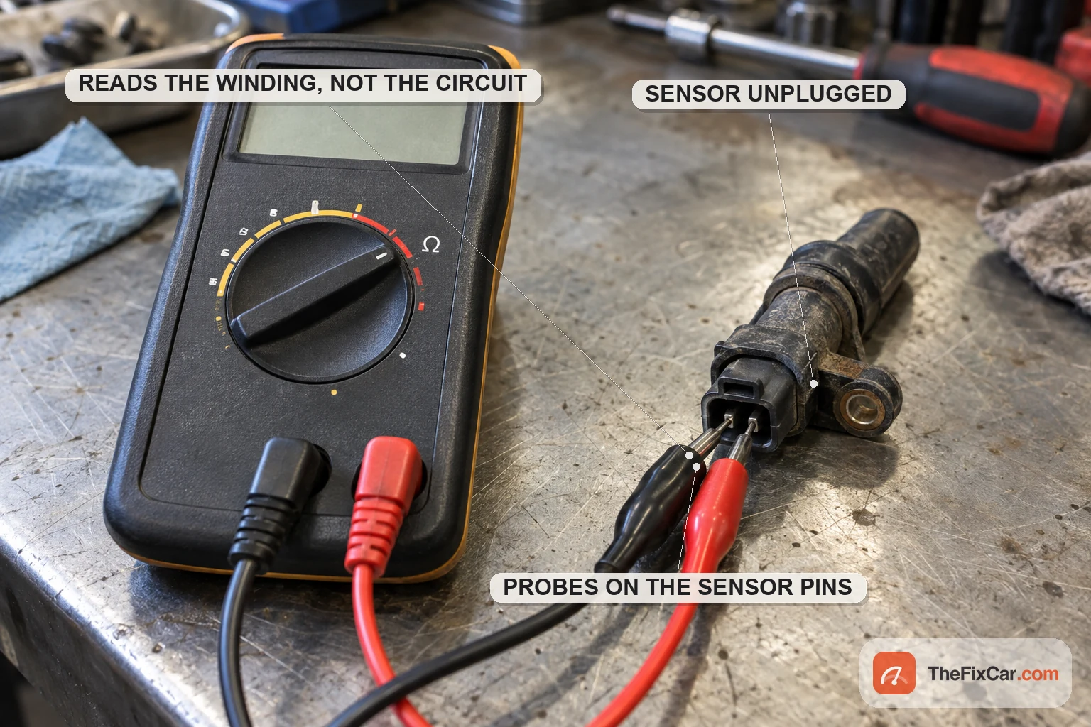 A digital multimeter set to ohms with its probes clipped to the pins of a disconnected wheel speed sensor on a workbench