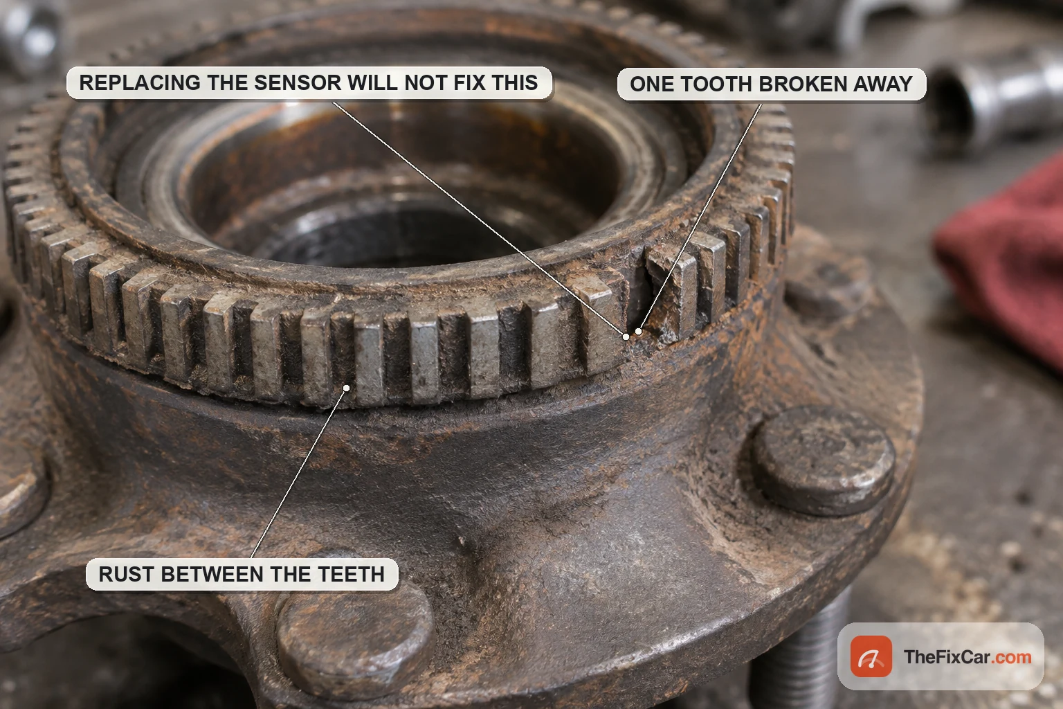 Close up of a rusty toothed ABS tone ring on a wheel hub with one tooth broken away