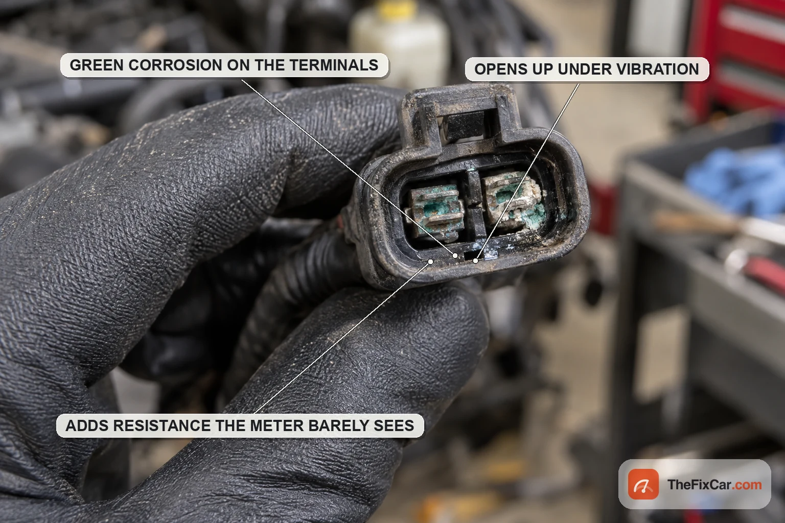 An unplugged two-pin automotive connector with green corrosion visible on the terminals