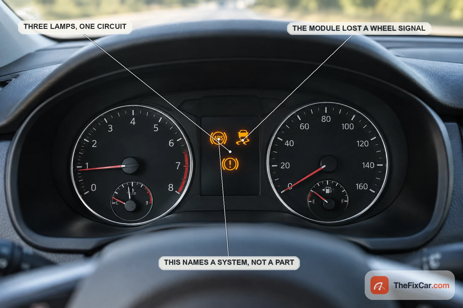 An instrument cluster with ABS, traction control and brake warning symbols illuminated together