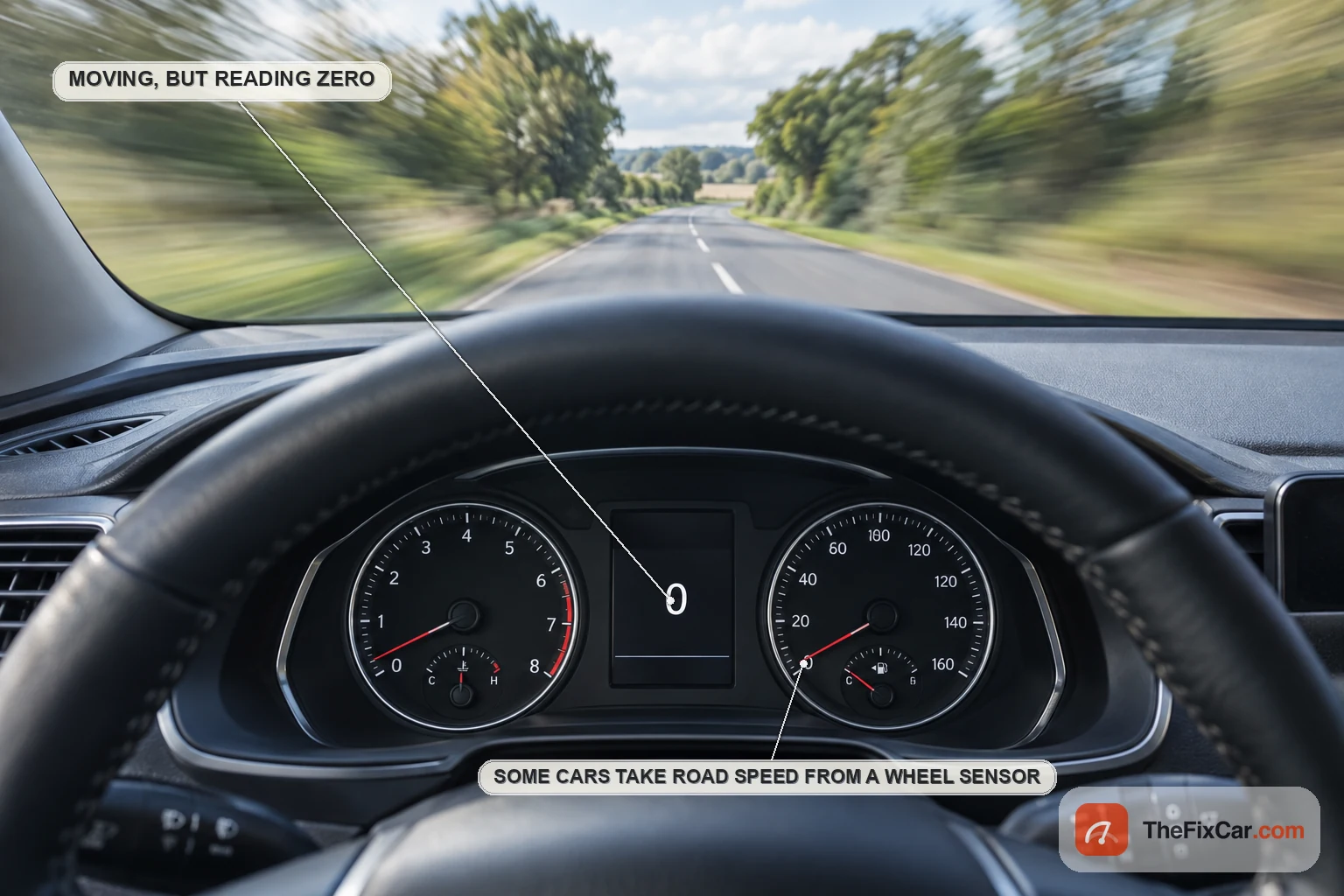 A speedometer reading zero while the road ahead is visibly moving past the windscreen