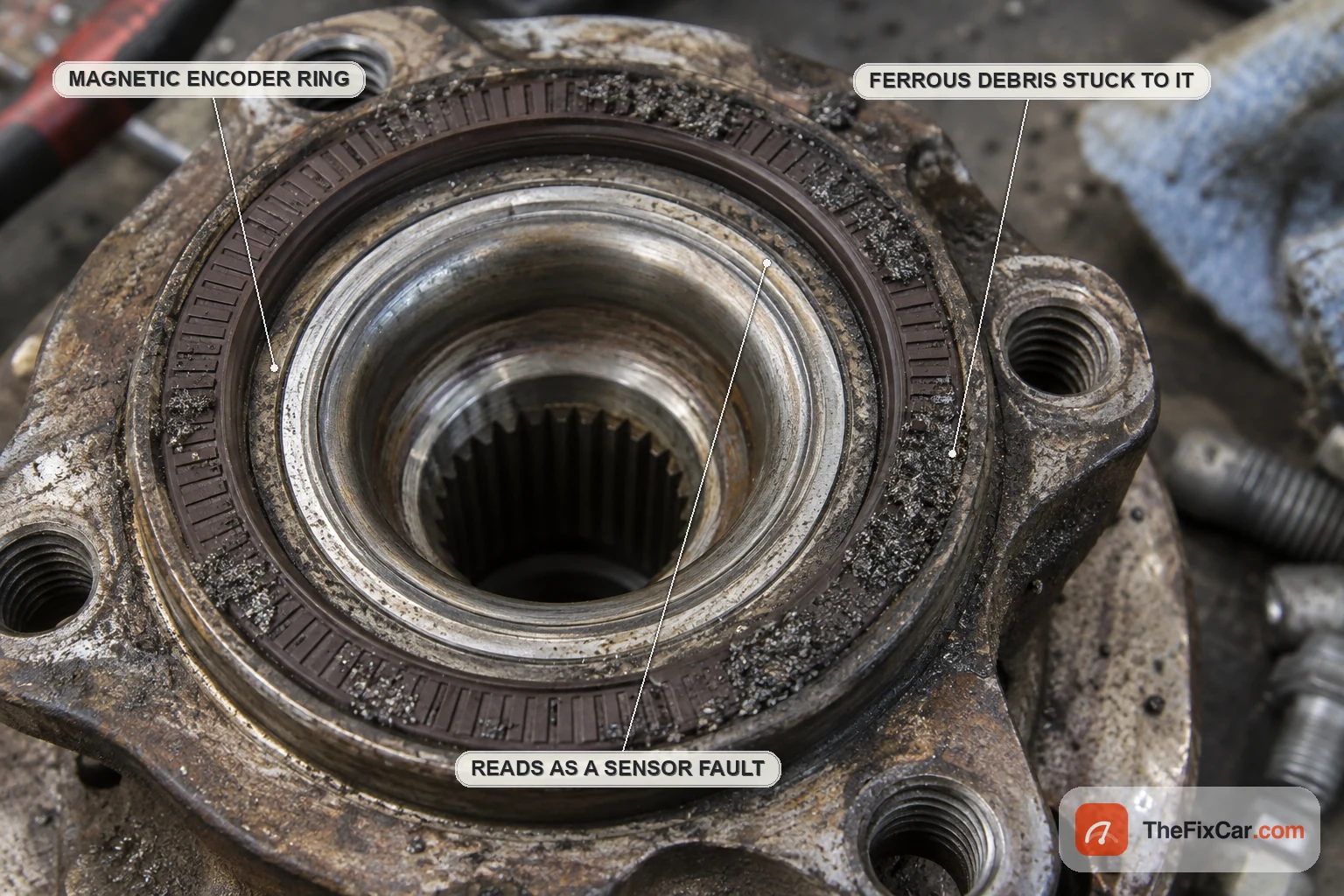 Close up of a wheel bearing hub face with a dark magnetic encoder ring carrying patches of fine metallic debris